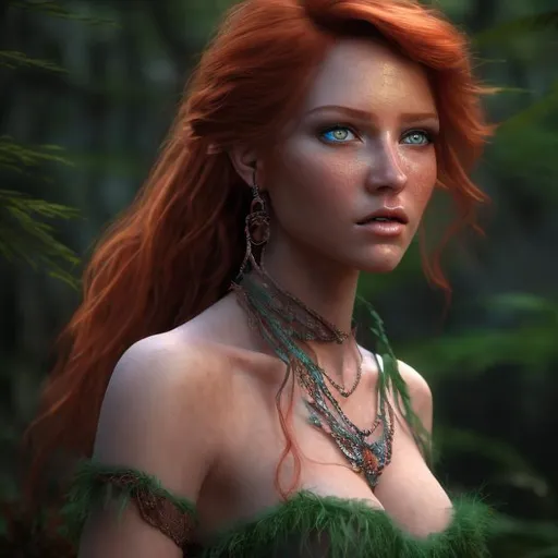 Prompt: HD 4k 3D professional modeling photo hyper realistic beautiful enchanting woman orphan adventurer copper hair fair skin blue eyes gorgeous face green dress pirate cave with treasure louisiana swamp diamonds and gems magical landscape hd background ethereal mystical mysterious beauty full body