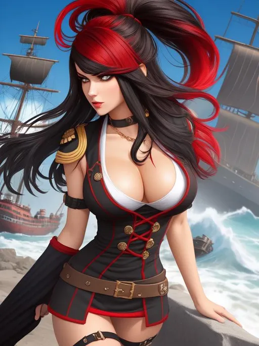 Prompt: ombre red-black hair, pirate captain, girl, solo, daunting, intimidating, serious, cruel, mole under eye, ship in background, bodacious, mole on body, fullbody, ((full body)) {{good looking}} {{cute}} {{good body}} {{tight}}, symmetrically colored hair, {{shadows}},
