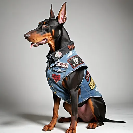 Prompt: Doberman wearing a heavy metal music denim vest with patches