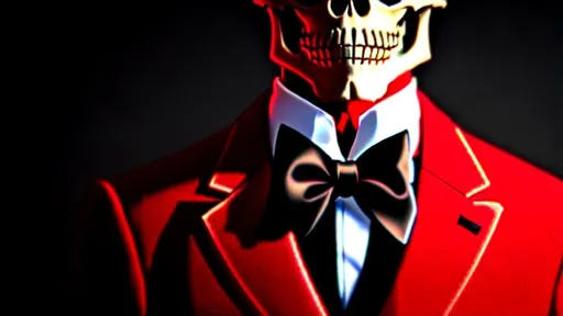 Prompt: Badass skeleton wearing a tuxedo , red sweater with black bow tie.