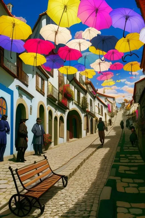 Prompt: Dreamy, stunning, the umbrella street in Águeda, Portugal by nicolay Petrovich bogdanov-belsky, van Gogh, Thomas Wells Schaller, Enki Bilal, Harry Clark, James jean and Jean Baptiste monge. Extremely detailed and high definition. glossy shimmer. God's Ray. Beautifully lit.