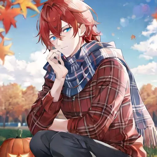 Prompt: Zerif 1male (Red side-swept hair covering his right eye, blue eyes), highly detailed face, wearing a cozy flannel shirt and a pair of stylish jeans. In the park, fall.  wearing a scarf, looking up at the sky, in a pumpkin patch, adult. Handsome,  detailed, UHD, HD, 4K, highly detailed, red haze, masculine, anime style