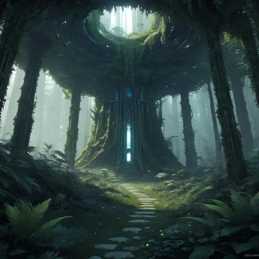 Prompt: Show me a interstellar
 temple of time in a dense overgrown alien forest 8k, highest detail, 8k colors,,
