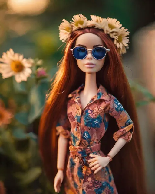 Prompt: A hippie Barbie doll with long straight auburn hair, woven headband, retro aviator glasses, and bohemian dress. Posed candidly outdoors amidst flowers and foliage during golden hour, shot with a Fujifilm X-T4 and 56mm lens.