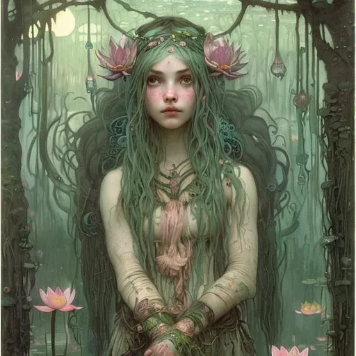 Prompt: Portrait Druid witch Girl with pretty detailed face and sea foam green hair in a swamp at sunset with peach water lilies and lotus blooms and  hanging lanterns by John bauer high contrast John William Waterhouse high bloom concept art