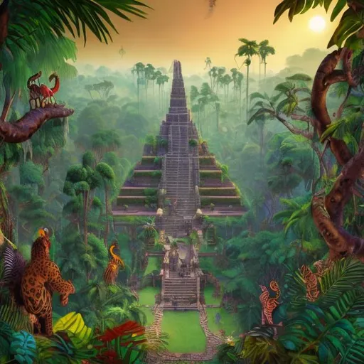 Prompt: A photo-realistic image of a lush jungle with an Aztec temple. Indiana Jones inspired, with a jaguar, monkeys in the trees, a man holding a blow-dart in an action pose running towards or around the temple in the background, and an elephant in the Jungle. Put a few colorful jungle birds in the trees. Put vines hanging from the trees.
