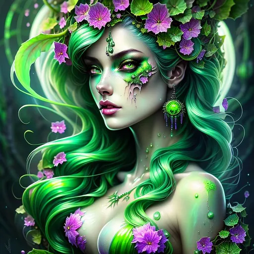 Prompt: Beautiful Poison goddess covered in uranium with detailed green features in a vat of acid with illuminating drops, biohazard; by anna dittmann, floradriel, digital painting, extreme detail, 120k, ultra hd, hyper detailed, toxic, wlop, digital painting, bright green body, covered in Ivy dress, anime character, background digital painting, digital illustration, extreme detail, digital art, ultra hd, vintage photography, beautiful, aesthetic, style, hd photography, hyperrealism, extreme long shot, telephoto lens, motion blur, wide angle lens, sweet,