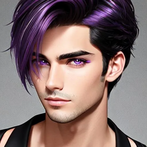 Prompt: Male short side swept black hair with purple highlights covering his right eye, full body