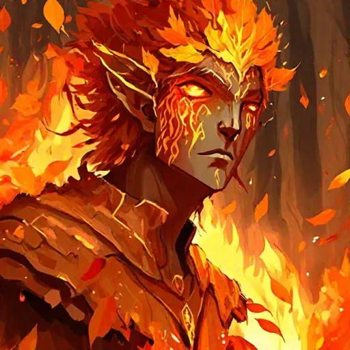Prompt: (in dripping art style) Fireleaf, As the weather chills and leaves take on fiery hues, the spirit of this young indrik begins to stir. When a paladin of Jephre performs an act the God of Song and Forest finds worthy, it takes its shaky steps into the world, dripping with autumn fire and leaves, Masterpiece, Best Quality 