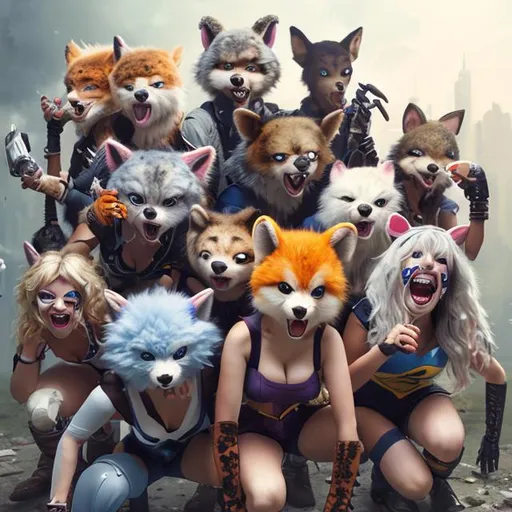 Prompt: a group portrait of cute young adults dressed for cosplay, wearing cute, fun furry costumes, standing upright or squatting facing forward with serious expressions, perfect composition, hyperrealistic, super detailed, 8k, high quality, sharp focus, studio photo, intricate details, highly detailed, by greg rutkowski
