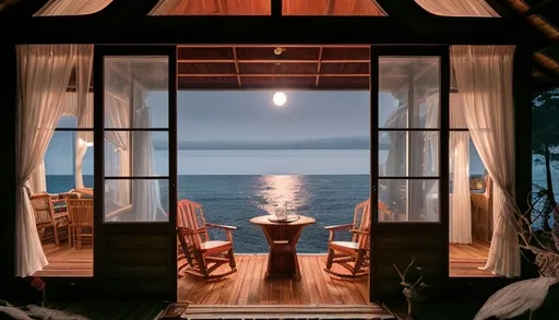 Prompt: The dark sea is bathed in the white moonlight, the sky is night but the moonlight is very bright. On the right side of the scene is the sea and the beach, while on the left side stands a two-floor wooden house by the sea. The house has a porch with two wooden chairs and a wooden table. On the table, there is a glass vase with roses. The exterior of the second-floor wooden house is covered with roses, and warm orange candlelight shines through the windows. There is a small box for flower arrangements on the front door of the ground floor of the wooden house. Behind the wooden house, in the distant background, are dense woods. The perspective is from the outside.The vibe is romantic. The ocean dominates more of the scene than the house. Makes me can feel the wind breeze.
