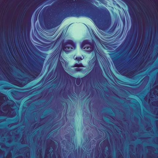 Prompt: a beautiful female ghostly apparition in dim moonlight brings incipient blight in psychedelic style