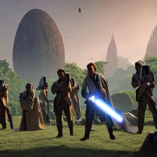 Prompt: A group of Jedi holding lightsabers, Planet Yavin IV in the background, photo realistic
