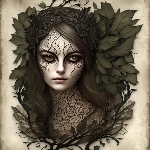 Prompt: Owl-faced woman, forest, black lace  leaves. White background, intricate, detailed, Christian Schloe