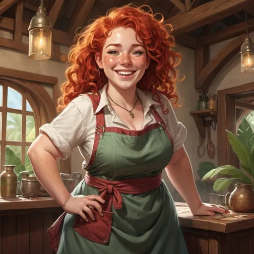 Prompt: Full body, Fantasy illustration of a female landlord, full figured, curly red hair, freckles, wearing a apron, joyfull expression, laughing, high quality, rpg-fantasy, detailed, in a tropical inn