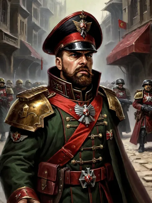 Prompt: (Full-body) oil painting portrait of human male ((Warhammer 40k commissar)) shouting and giving orders to a {40k imperial guard regiment} in background, wielding a 40k (({bolt pistol})), short thick (brown hair), thick full (brown beard), (((Warhammer 40k))), wh40k, fierce expression, Stoic epic standing pose, (piercing brown eyes), professional illustration, painted, art, painterly, {40k imperial guard commissar}, ((heavy flak armor)) {chest piece} breastplate, ornate red and black trench-coat decorated with military medals, ornate military epaulets with ({gold tassels}), ornate (({40k commissar hat})), highly detailed eyes and facial features, (dark tones), highly detailed dark war zone background, impressionist brushwork, dark battlefield background, outside, exterior, astra militarum imperial guard, active war zone background, (wh40k imperial guard) regiment firing lasguns at enemy in background, grimdark, gothic fantasy, ornate officer's shoulder cape, highly detailed hands, worry lines, wizened, (40k {imperial guardsmen} {astra militarum} in background), 
