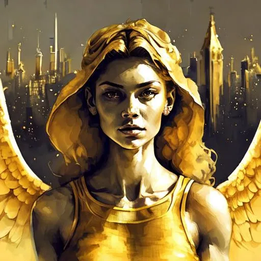 Prompt: A mesmerizing angel woman wearing golden linen and high tech standing heroically in front of a tartarian city she just saved