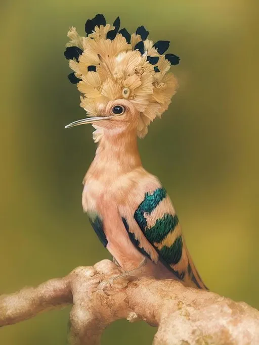 Prompt: Glossy portrait of a golden hoopoe bird Art by  Victo Ngai, Sherry Akrami,   Nicoletta Ceccoli, Anna Dittman, Lucie Bilodeau, Laura Diehl, Remedios Varo, Paul Delaroche,  Sergio di lorio, highly detailed, sharp focus, ethereal, fantastic view, dreamy, Epic, celestial, sparkling, glossy, light emitting,  inner light.