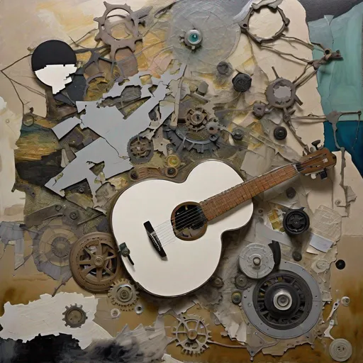 Prompt: An image of The inner workings of the internet or web or AI in an abstract form like a art painting dimensional abstract broken up complex but simple a odd and abstract man play lying guitar in the image with Melodie’s coming from him like a sound wave but abstract art the overall image like a abstract textured painting neutral colors like they are on top of the image in a odd way 