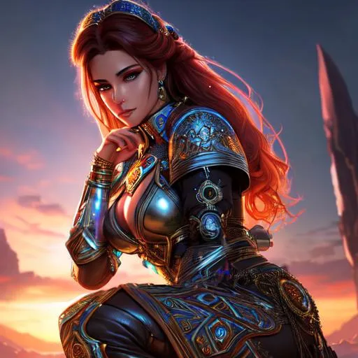 Prompt: Sci-fi, fantasy, Clear, high resolution, 8k, of a futuristic, gypsy female kneeling. blood, detailed intricate fantasy background. clear eyes. Crisp image, extremely detailed face. Hyper realistic eyes. Detailed hands. Splash art. Colourful, 