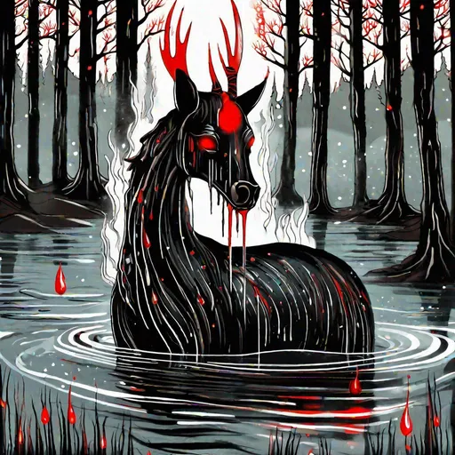 Prompt: {dripping art style} skeletal Scottish folklore kelpie emerging from the lake, with glowing red eyes, dripping oil, dark starless night, forest of pine trees. Beautiful, majestic, graceful, terrifying, haunting, powerful, with great detail