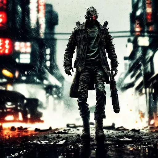 Prompt: Villain. Slow exposure. Detailed. Dirty. Dark and gritty. Post-apocalyptic Neo Tokyo. Futuristic. Shadows. Sinister. Armed. Fanatic. Intense. Heavy rain. Explosion. Burning car in mid distance.  Detonator in hand.