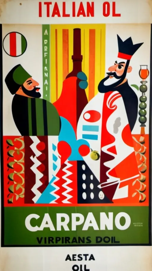 Prompt: (vintage Italian olive oil poster), (Armando Testa style), vibrant color palette, bright primary colors, bold geometric shapes, playful composition, nostalgic ambiance, smooth textures, warm sunlight, rustic olive branches, classic typography, eye-catching design, inviting atmosphere, ultra-detailed, high resolution.