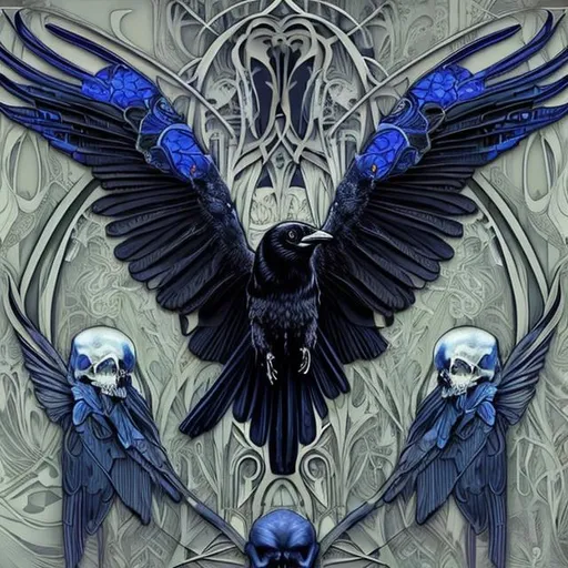 Prompt: in style of  Art Nouveau,
ultra realistic, photo picture with black raven and in background dark blue butterfly's that have picture of skull on their wings, digital art style