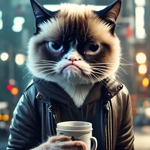 Prompt:  Grumpy Cat, anthropomorph, trending artstation hq, stylized, in bikers gear, holding a cup of coffee, coming towards me, puzzled look, symmetry, modeled lighting, expressive, studio photo refined, highly detailed, hyper realistic, depth of field 8k