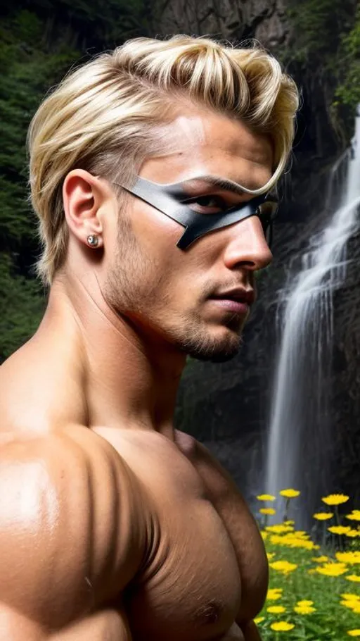 Prompt: cyborg, blond hair, UHD, 8k, he has an eye patch, side view, muscular body, very real, Very detailed, panned out, 32k, his face is visible, waterfall in flower meadow background,neon lights, full body