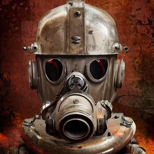 Prompt: An abandoned old rusty war robot with gas mask portrait