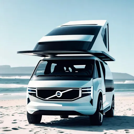 Prompt: futuristic, modern Volvo camper van, modern, clean design, electric, on the beach