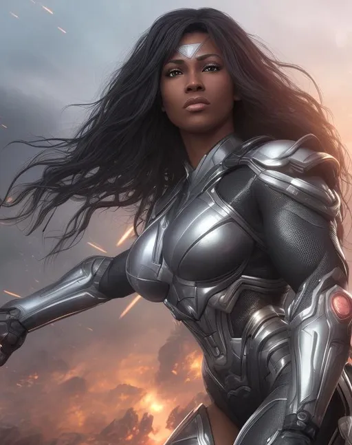 Prompt: super detailed lifelike 4d illustration of beautiful black female with large muscles in a fantasy environment dressed up like cyborg fighting superwoman