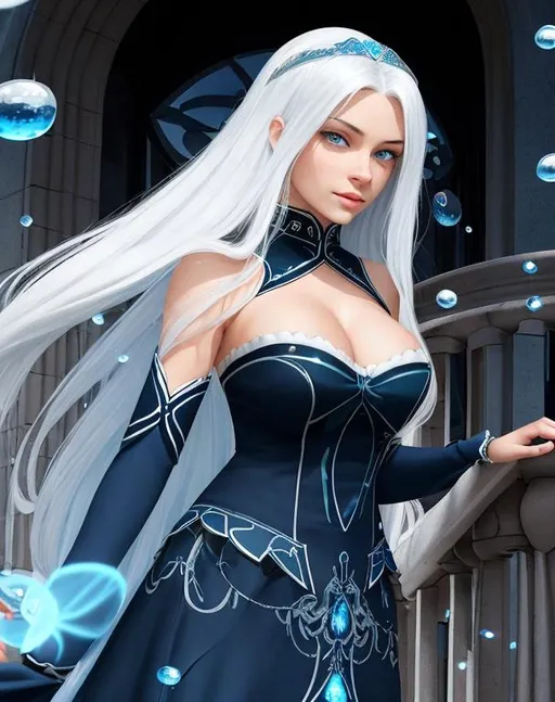 Prompt: A beautiful young 15 year old ((British)) Water elemental with light skin and a beautiful face. She has long white hair and white eyebrows. She wears a beautiful dark blue dress. She has brightly glowing dark blue eyes and water droplets shaped pupils. She wears a blue tiara. She has a blue aura around her. She is standing by a balcony in a blue castle. Beautiful scene art. Full body art. {{{{high quality art}}}} ((goddess)). Illustration. Concept art. Symmetrical face. Digital. Perfectly drawn. A cool background.