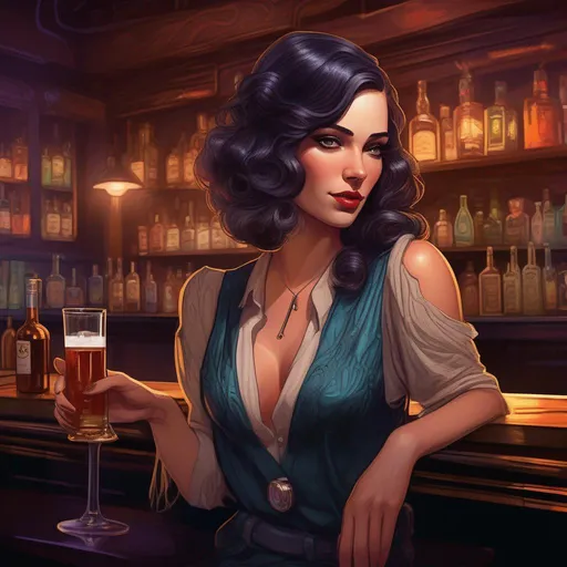 Prompt: hyperdetailed a young sophisticated long hair woman as a beautiful bar patron, cozy dimly-lit 1920s speakeasy bar, drinking at the bar, dystopian retro 1920s vibe, relaxed pose, wild, highly detailed, digital painting, artstation, sharp focus, illustration, detailed painterly digital art style by Dan Mumford, vibrant deep colors, 🍸, 8k octane beautifully detailed render, post-processing, extremely hyperdetailed, Art Nouveau, masterpiece, norman rockwell and james jean, greg hildebrandt, and mark brooks, triadic color scheme, by greg rutkowski, in the style of francis bacon and syd mead and edward hopper and norman rockwell and beksinski, dark surrealism, open ceiling, highly detailed, painted by francis bacon, painted by james gilleard, surrealism, by nicola samori, airbrush, ilya kuvshinov, wlop, stanley artgerm, very coherent, art by takato yamamoto and james jean