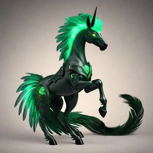 Prompt:  small twisted pegasus animatronic hybrid, with focused emerald eyes. They identify as a Male. Emerald colored feathery wings and tail. dark Green ombre mane and tail. UHD, HD, 4K, green haze, anime style, green and black coat