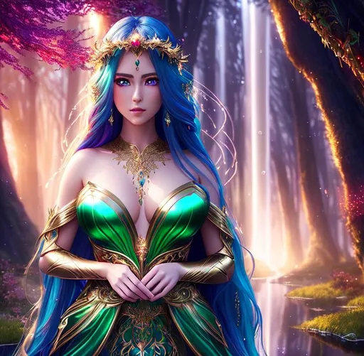 Prompt: Epic, Fantasy, Vivid, 3D HD Beautiful [{one}{Goddess}Female wearing {liquid}silk (green red gold silver blue), Beautiful and Gorgeous, Beautiful big reflective eyes, long flowing hair, beautiful hands]::2, sparkle hearts, intricate detail, cinematic lighting, expansive magical forest background, hyper realistic, 8K --s98500