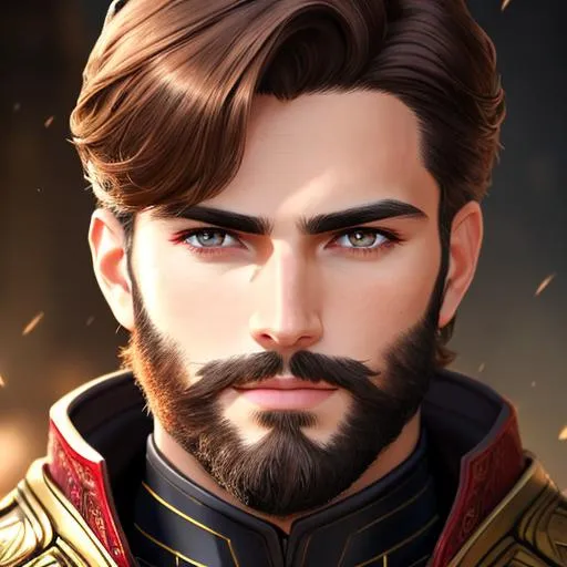 Prompt: Aesthetic man, little tiny stubble brown beard, brown hair, brown eyebrown, red eyes, light armor, mage armor, man, male, human, super-detailed face, detailed face, aesthetic face, symmetrical face, Full body portrait, Pastel Art, HD, Super-Resolution, Hard Lighting, Spherize, RTX