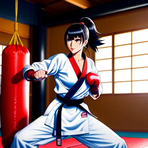 Prompt: Karate beautiful  anime tallgirl punching punch punching bag punchingbag sandbag dojo dogi