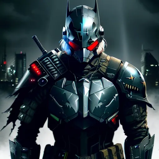 Prompt: Futuristic soldier, arkham knight style military helmet without the batman ears, witcher and rainbow six siege theme armour, swords, post-apocalyptic setting, high-tech and tactical armor, weapons, gritty atmosphere, detailed reflections on armor, best quality, highres, ultra-detailed, futuristic, post-apocalyptic, sleek design, professional, atmospheric lighting, city background
