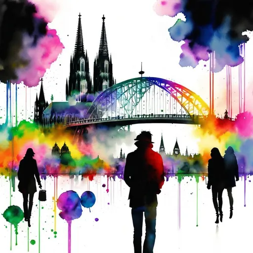 Prompt: cologne dome and the ring map of cologne city, rainy day, rainbow-watercolor, wet on wet and splattering techniques, centered, perfect composition, abstraction, surrealism