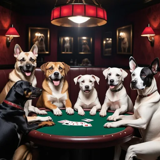 Prompt: Picture of only 5 dogs each different breed with poker faces playing lover in dark night bar