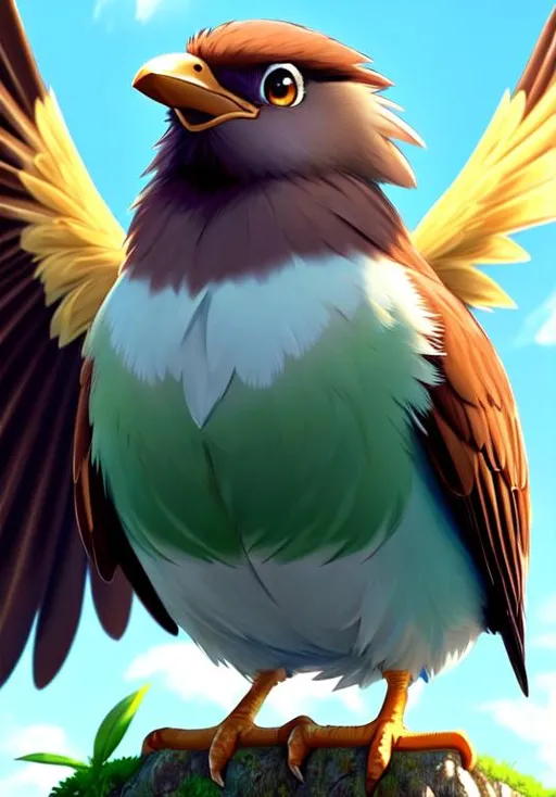 Prompt: UHD, , 8k,  oil painting, Anime,  Very detailed, zoomed out view of character, HD, High Quality, Anime, , Pokemon, Pidgey is a small, plump-bodied avian Pokémon. It is primarily brown with a cream-colored face, underside, and flight feathers. On top of its head is a short crest of three tufts. The center crest feathers are brown and the outer two tufts are cream-colored. Just under its crest are its narrow eyes which have white sclera and pupil along with its black irises. Angular black marking extend from behind its eyes and continue down its cheeks. It has a short, stubby beak and feet with two toes in front and one in back. Both its beak and feet are a grayish-pink. It has a short, brown tail made of three feathers.

Pidgey has an extremely sharp sense of direction and homing instincts. It can travel straight back to its nest regardless of how far away they might have flown. It is a docile Pokémon and generally prefers to flee from its enemies rather than fight them. By flapping its wings rapidly, it can whip up dust clouds and create whirlwinds to protect itself and flush out potential pre

Pokémon by Frank Frazetta
