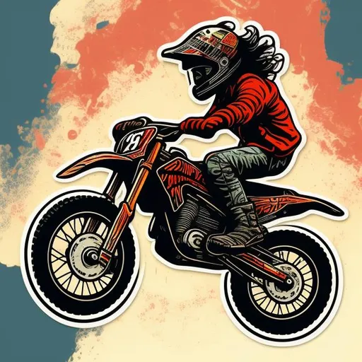 Prompt: sticker illustration of a teenage boy with long curly hair riding a retro dirt bike on the road, mid air, action, litter, junky, 4K, high art, street art, in the style of shepard fairey