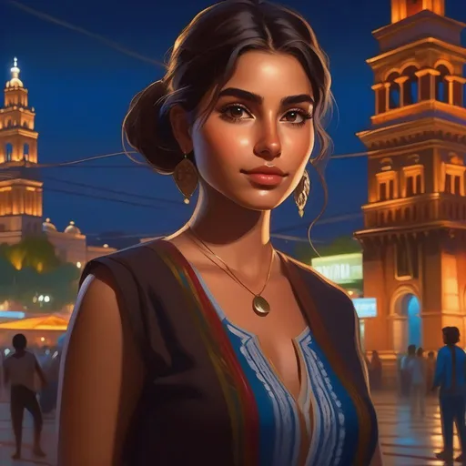 Prompt: Third person, gameplay, Mexican girl, olive skin, brown hair, brown eyes, 2020s, smartphone, ,Mexico City, Zocalo at night, blue atmosphere, cartoony style, extremely detailed painting by Greg Rutkowski and by Henry Justice Ford and by Steve Henderson 