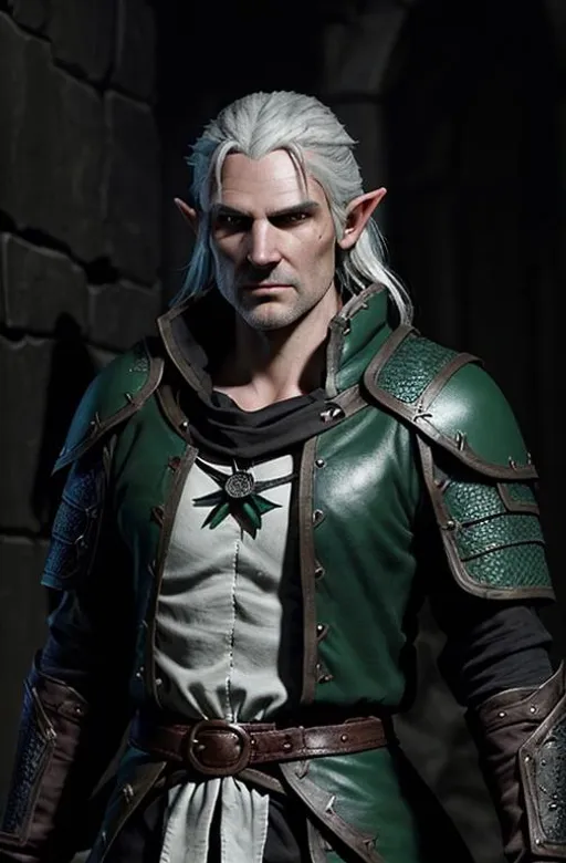 Prompt: Create a Dungeon & Dragons high elf character based on Geralt of Rivia from Netflix series. Don't make too similar to the actor, instead make it look alike me with no glasses and green eyes (I'm attaching a picture of me). Make him with all black clothes and black leather armor and make three variations: full body, avatar for profile picture and token for Roll20.