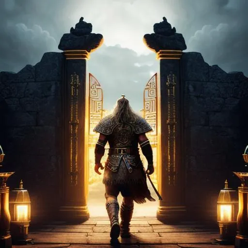 Prompt: A 4k photorealistic male viking entering the large golden gates of Valhalla, with lights and clouds with a godly aura