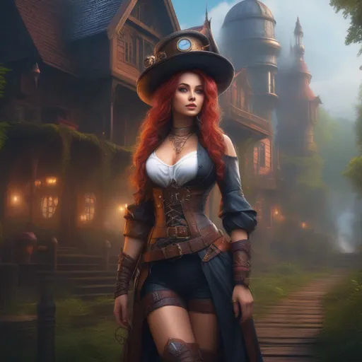 Prompt: Epic. Cinematic. 4k.  8k.  Wide angle shot. Full body shot. Hyper realistic painting. Concept art. matte painting. Detailed Illustration. photo realistic. A beautiful, buxom woman with immaculate hands, broad hips. extremely colorful, bright eyes,  standing in a forest by a sleepy town. Shes a Steam Punk, colorful, gothic style witch.  A distinct Winged fairy, with a skimpy, very sheer, gossamer, flowing outfit.  A picturesque Halloween night.  Octane render. Trending on artstation.