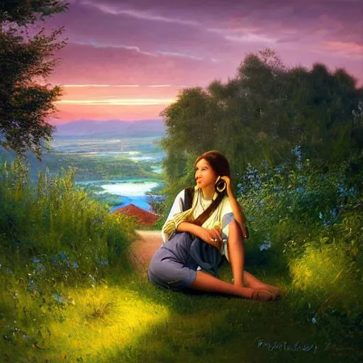 Prompt: lofi an girl, earphone, everning light, twilight, dynamic twilight light, Oil painting by Peder Mork Monsted, by Raquib Islam, national geographic photo, terragen style