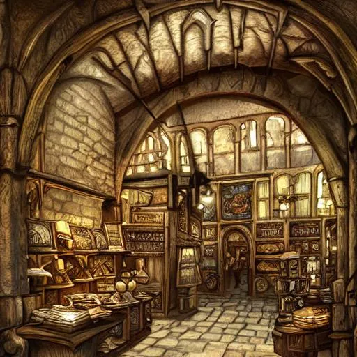 Prompt: A medieval shop viewed from the inside, texture, intricate, details, highly detailed, masterpiece, architecture, building, trending on artstation, focus, sharp focus, concept art, digital painting, fantasy, sunny, day, midday, in the style of skyrim